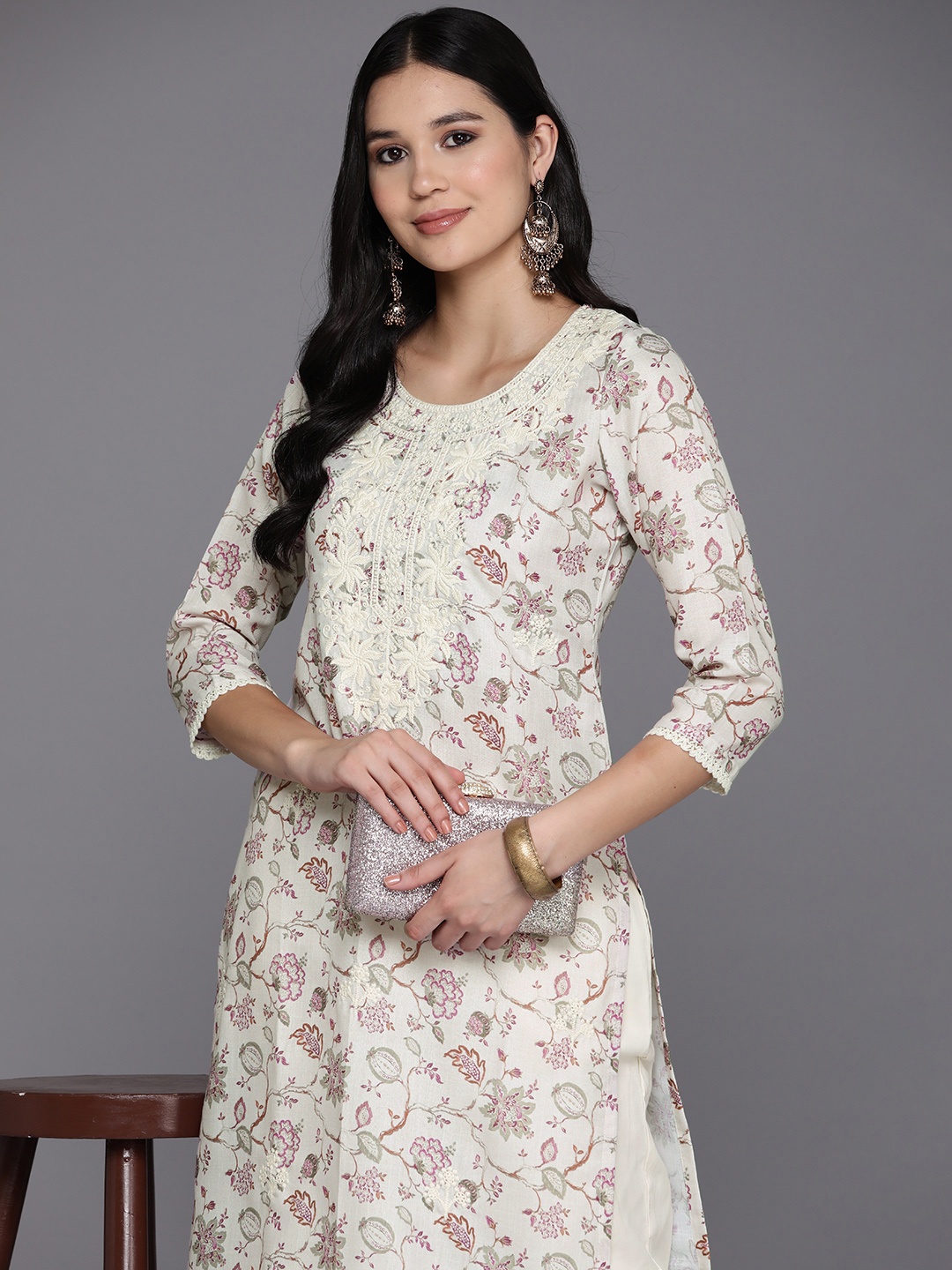 

Libas Floral Yoke Design Thread Work Pure Cotton Kurta, Off white