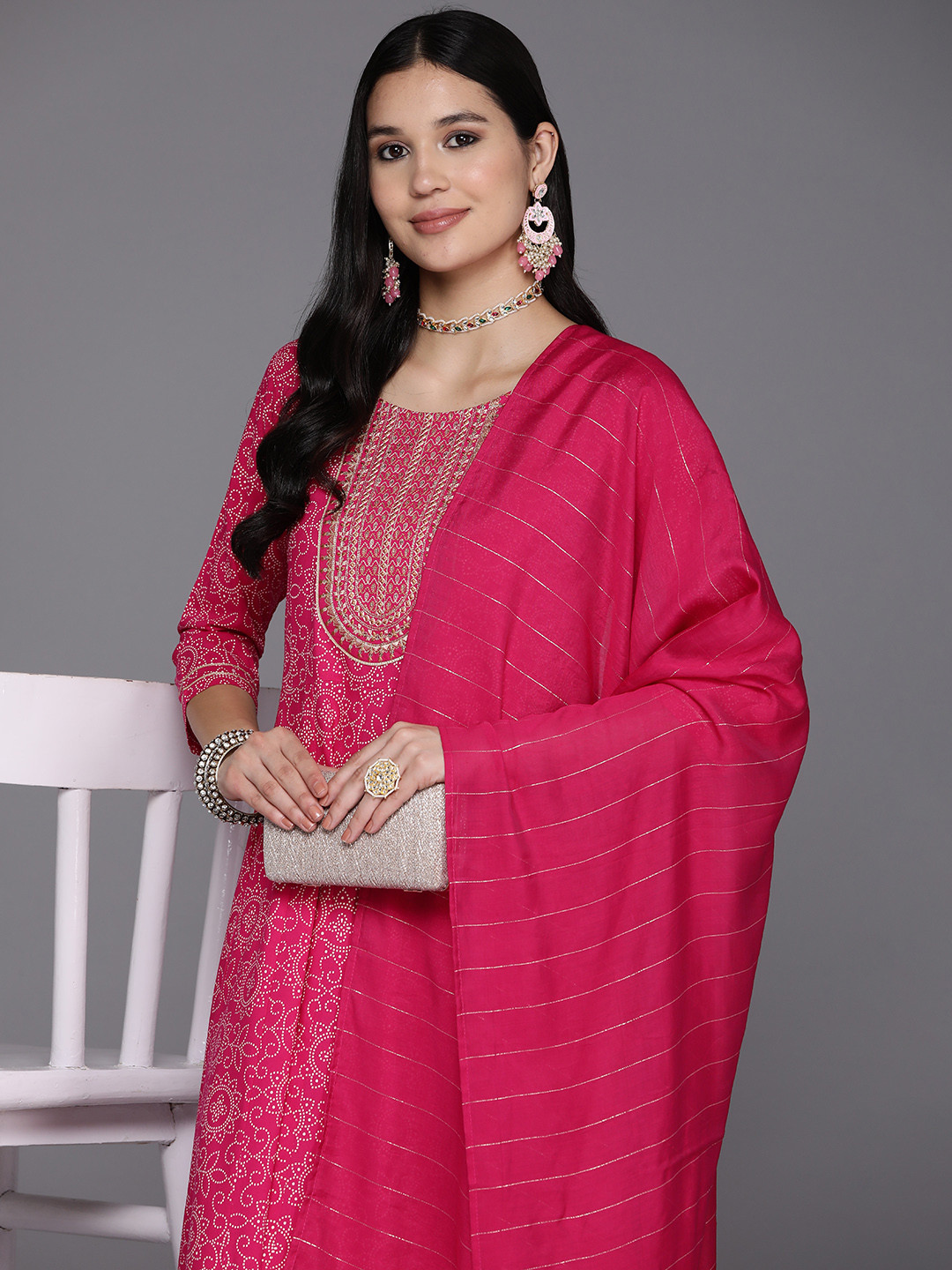

Libas Women Pink Bandhani Yoke Design Panelled Sequinned Kurta with Trousers & With Dupatta, Magenta