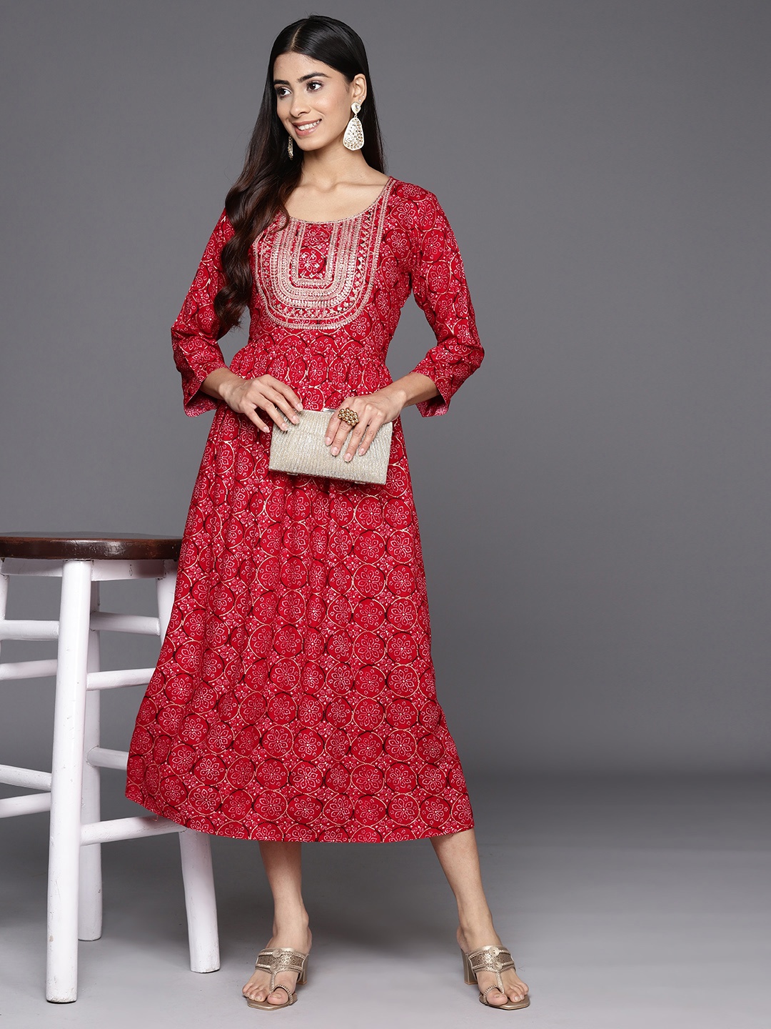

Libas Ethnic Motifs Embellished Fit & Flare Midi Ethnic Dress, Red