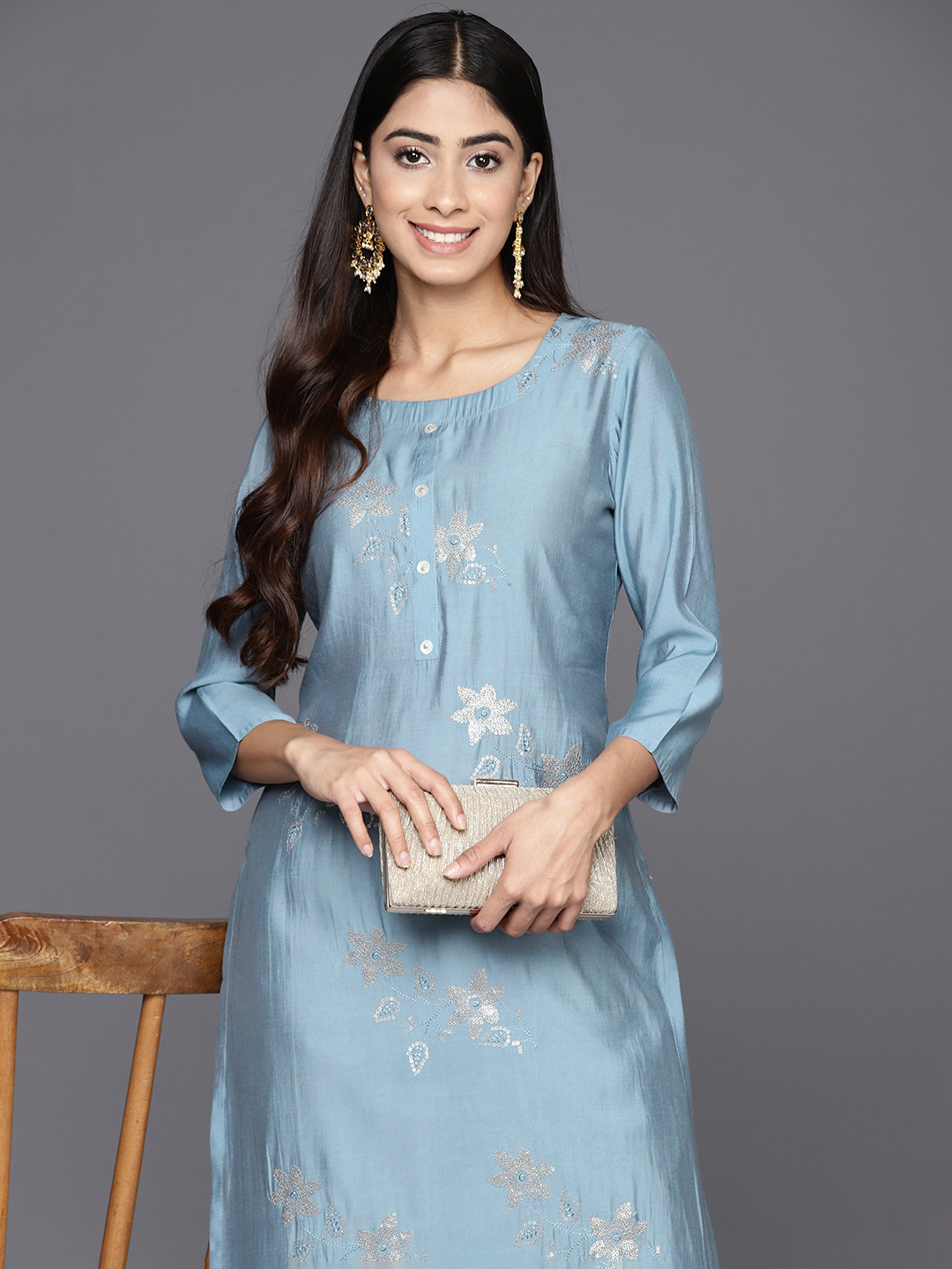 

Libas Floral Embellished Sequinned Floral Kurta, Grey
