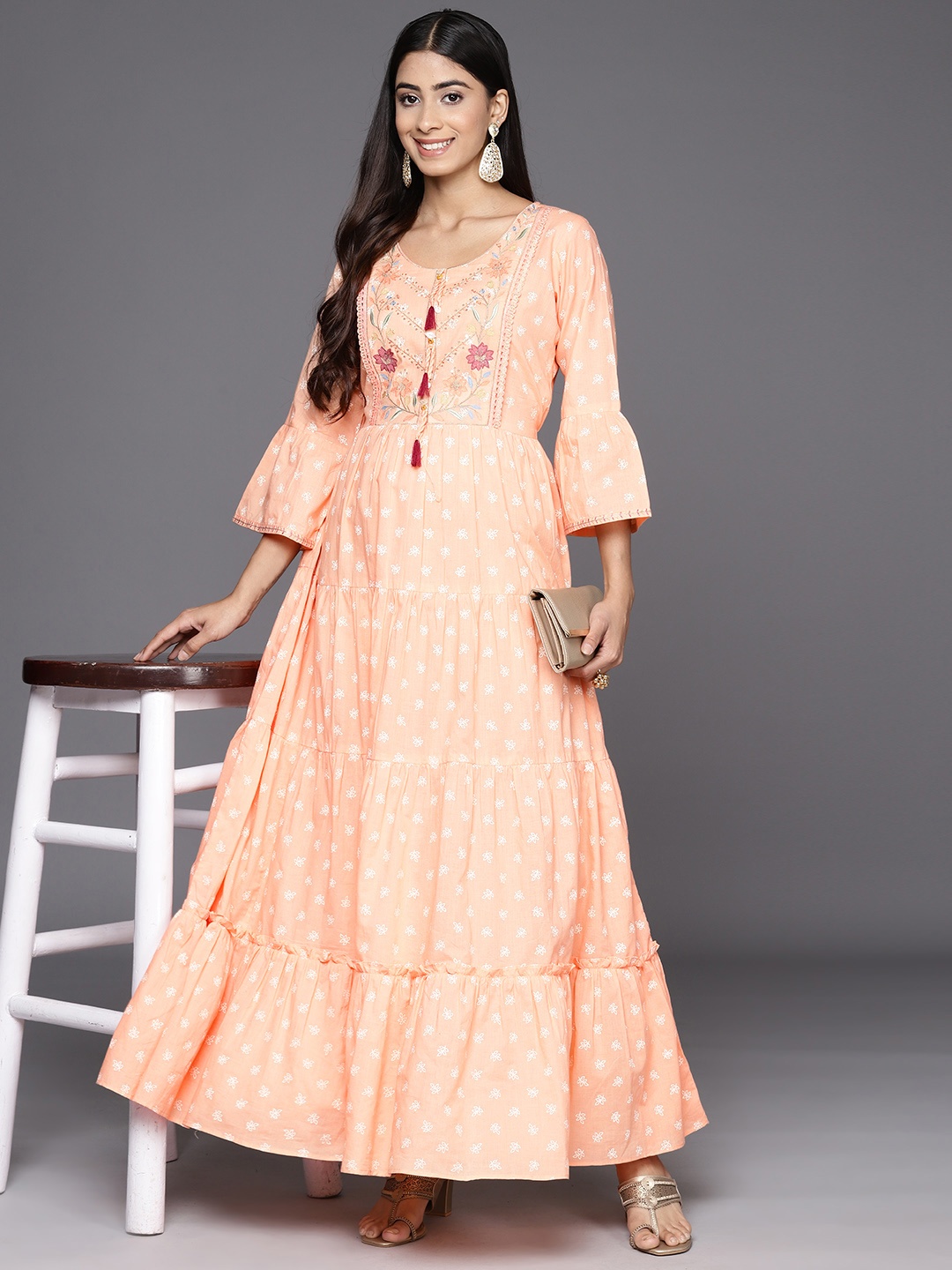 

Libas Floral Embroidered Bell Sleeves Fit & Flare Maxi Ethnic Dress, Peach
