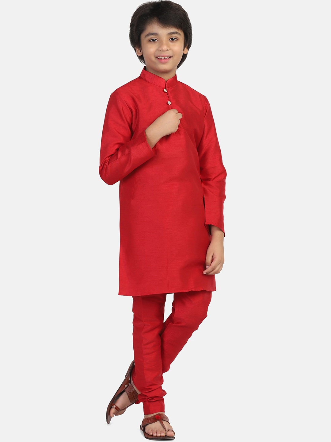 

TAHVO Boys Mandarin Collar Dupion Silk Kurta with Pyjamas, Red