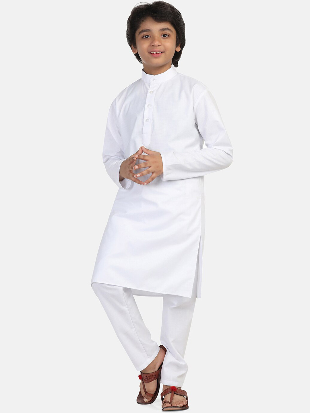 

TAHVO Boys White Angrakha Pure Cotton Kurta with Trousers