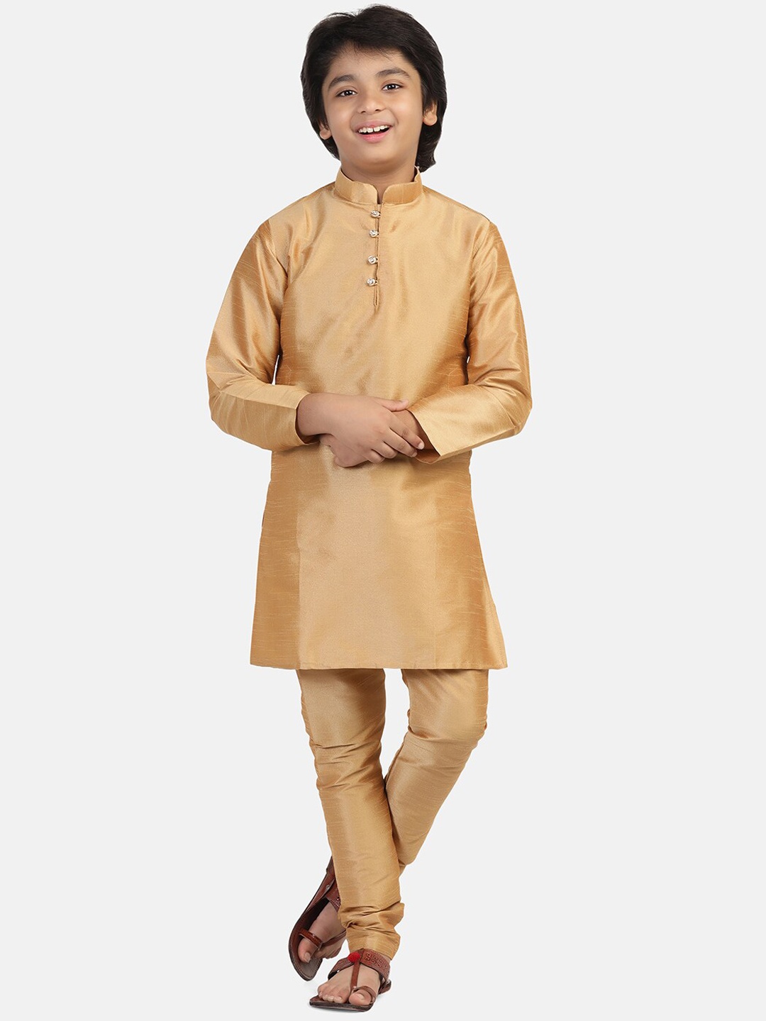 

TAHVO Boys Mandarin Collar Kurta With Churidar, Gold