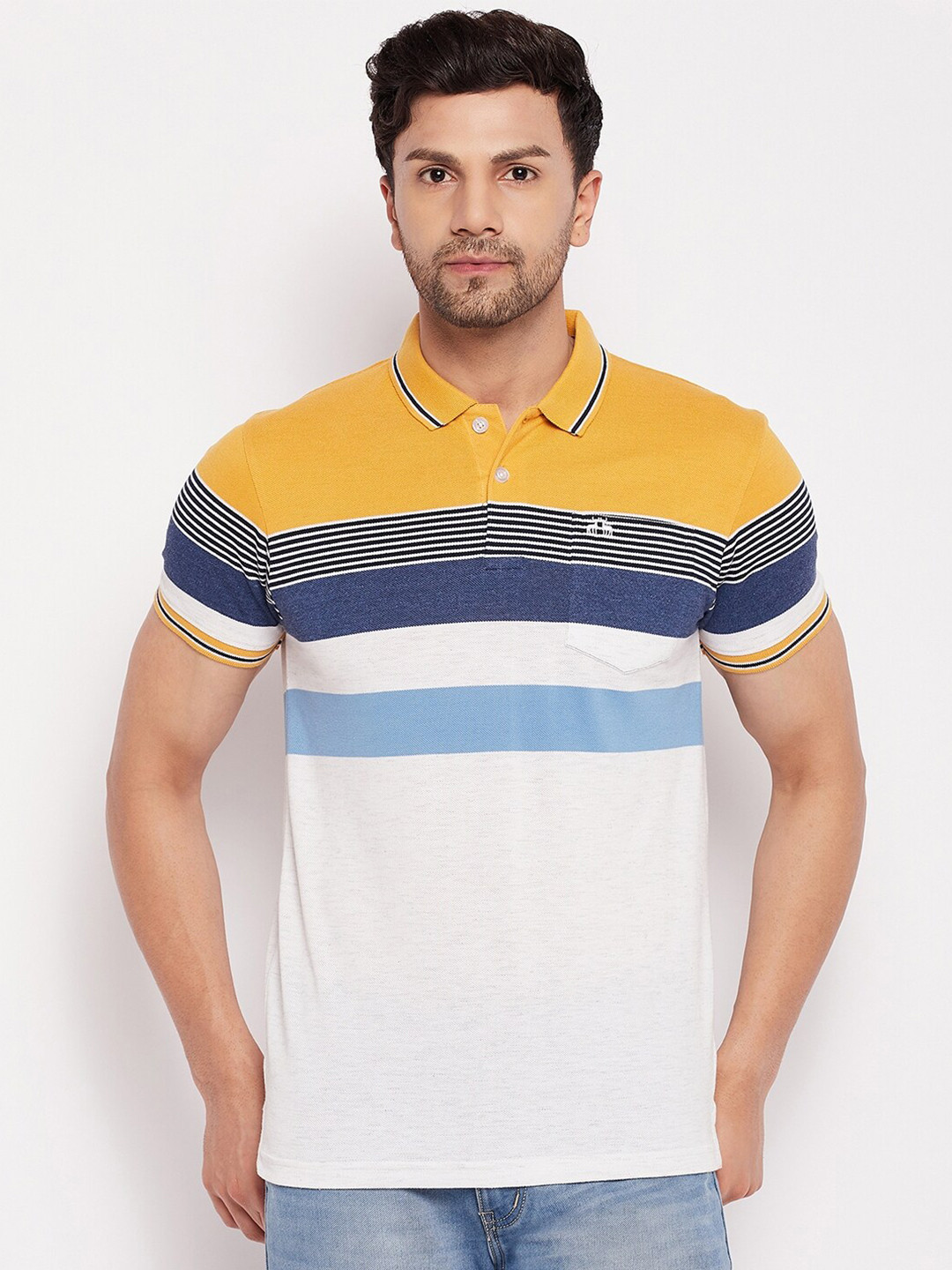 

98 Degree North Horizontal Striped Polo Collar Cotton Casual T-shirt, Off white