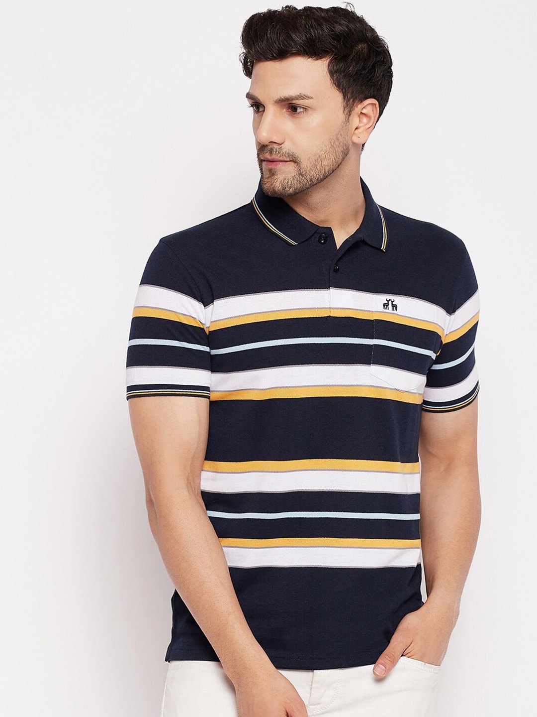 

98 Degree North Horizontal Striped Polo Collar Cotton Casual T-shirt, Navy blue