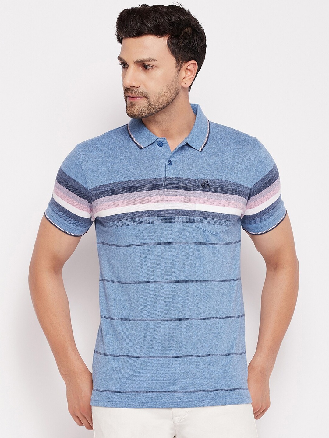 

98 Degree North Horizontal Striped Polo Collar Cotton Casual T-shirt, Blue
