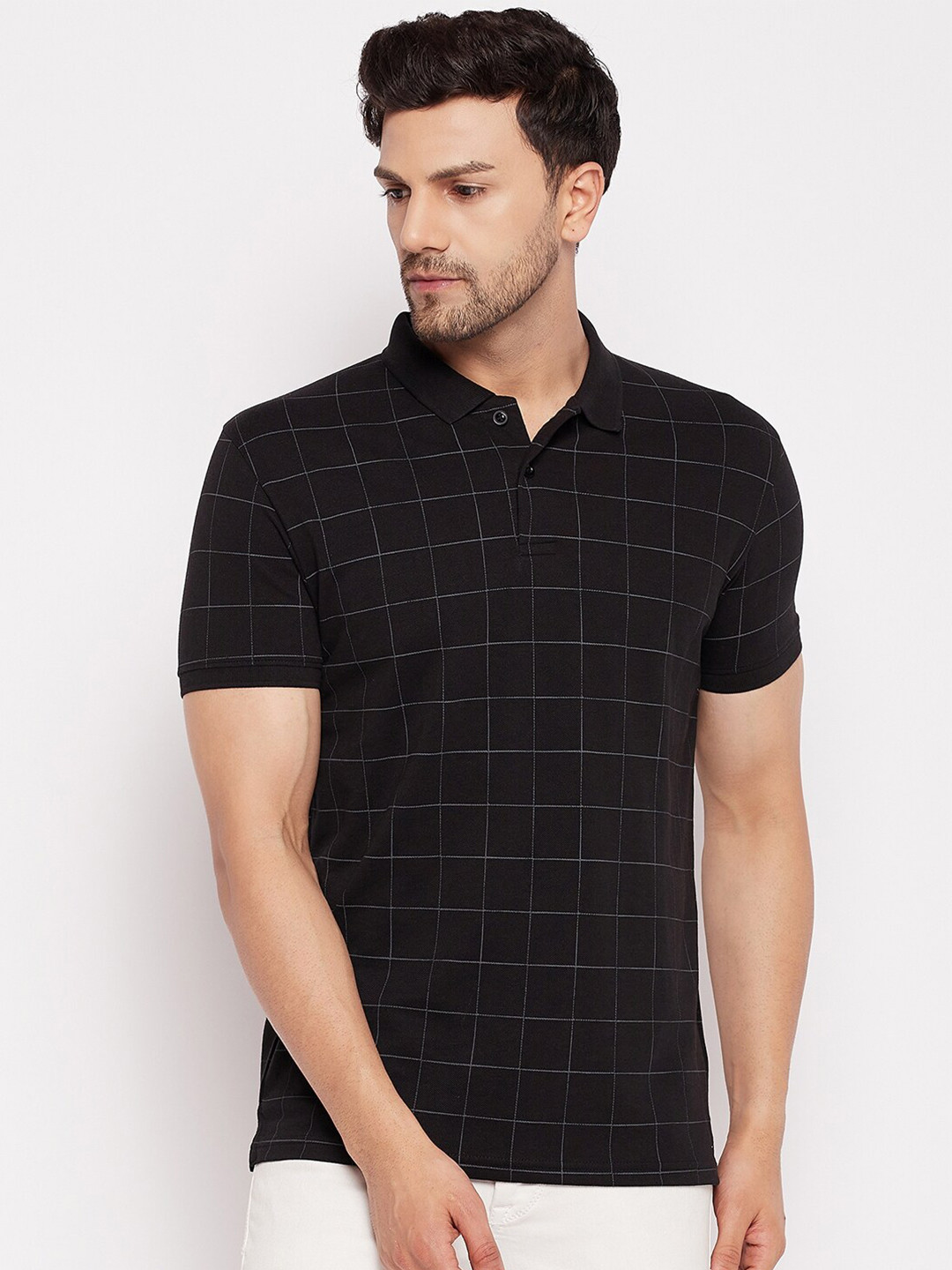 

98 Degree North Checked Polo Collar Cotton Casual T-shirt, Black
