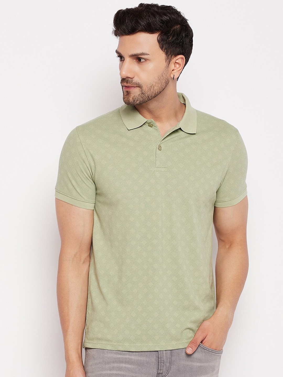 

98 Degree North Polo Collar Self Design T-shirt, Green