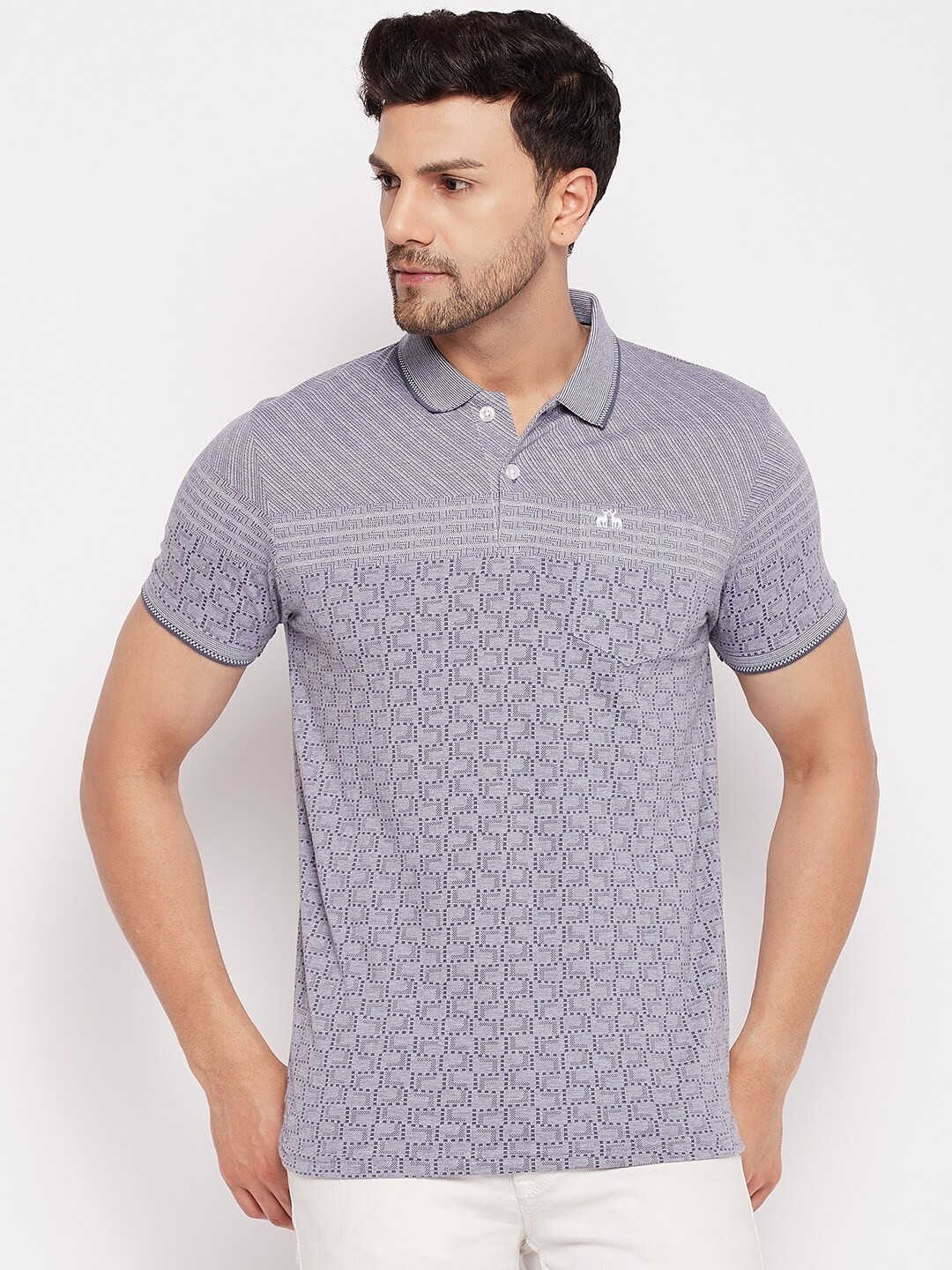 98 Degree North Geometric Printed Polo Collar Cotton T-shirt, Grey