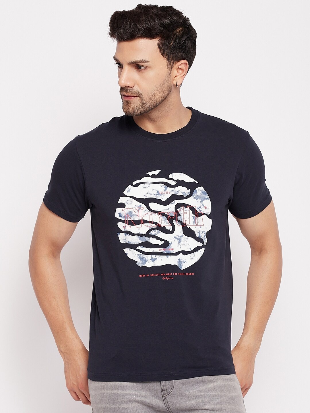 

98 Degree North Abstract Printed Round Neck Cotton T-shirt, Navy blue