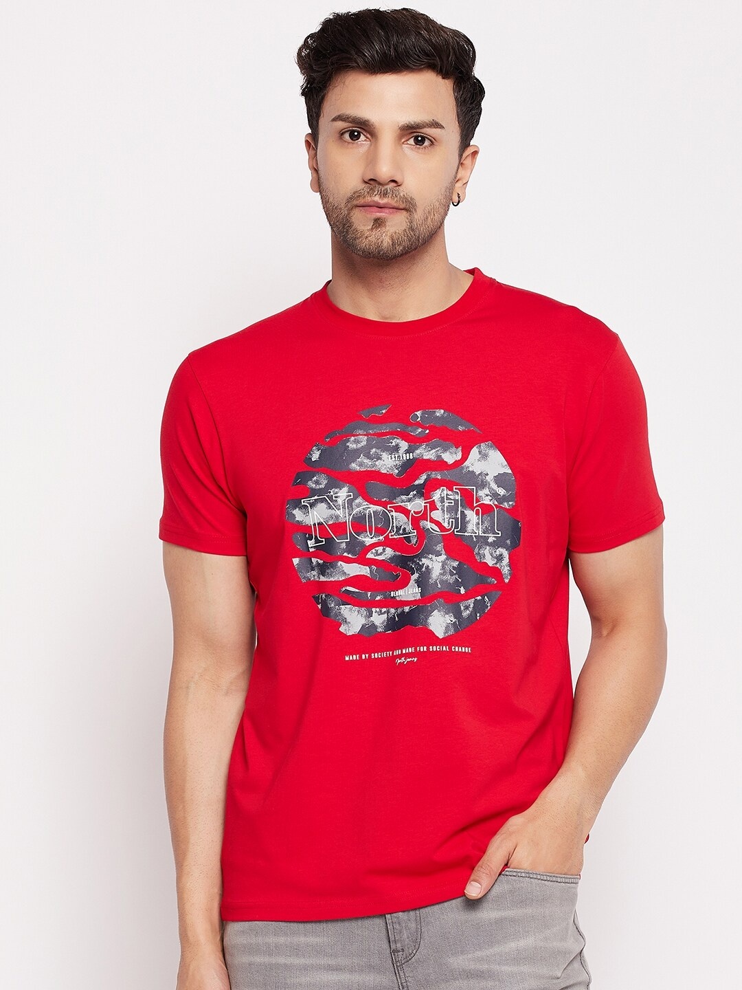 

98 Degree North Abstract Printed Round Neck Cotton T-shirt, Red