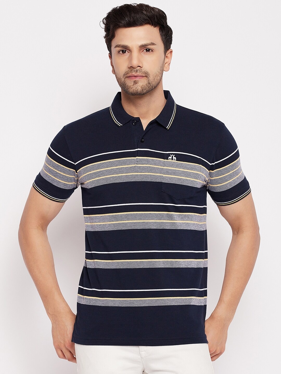 

98 Degree North Striped Polo Collar Cotton T-Shirt, Navy blue