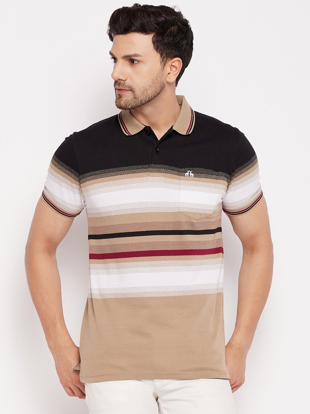 

98 Degree North Striped Polo Collar Cotton T-Shirt, Camel brown