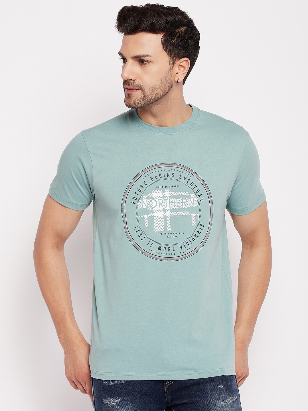 

98 Degree North Typography Printed Round Neck Short Sleeves Cotton T-Shirt, Sea green