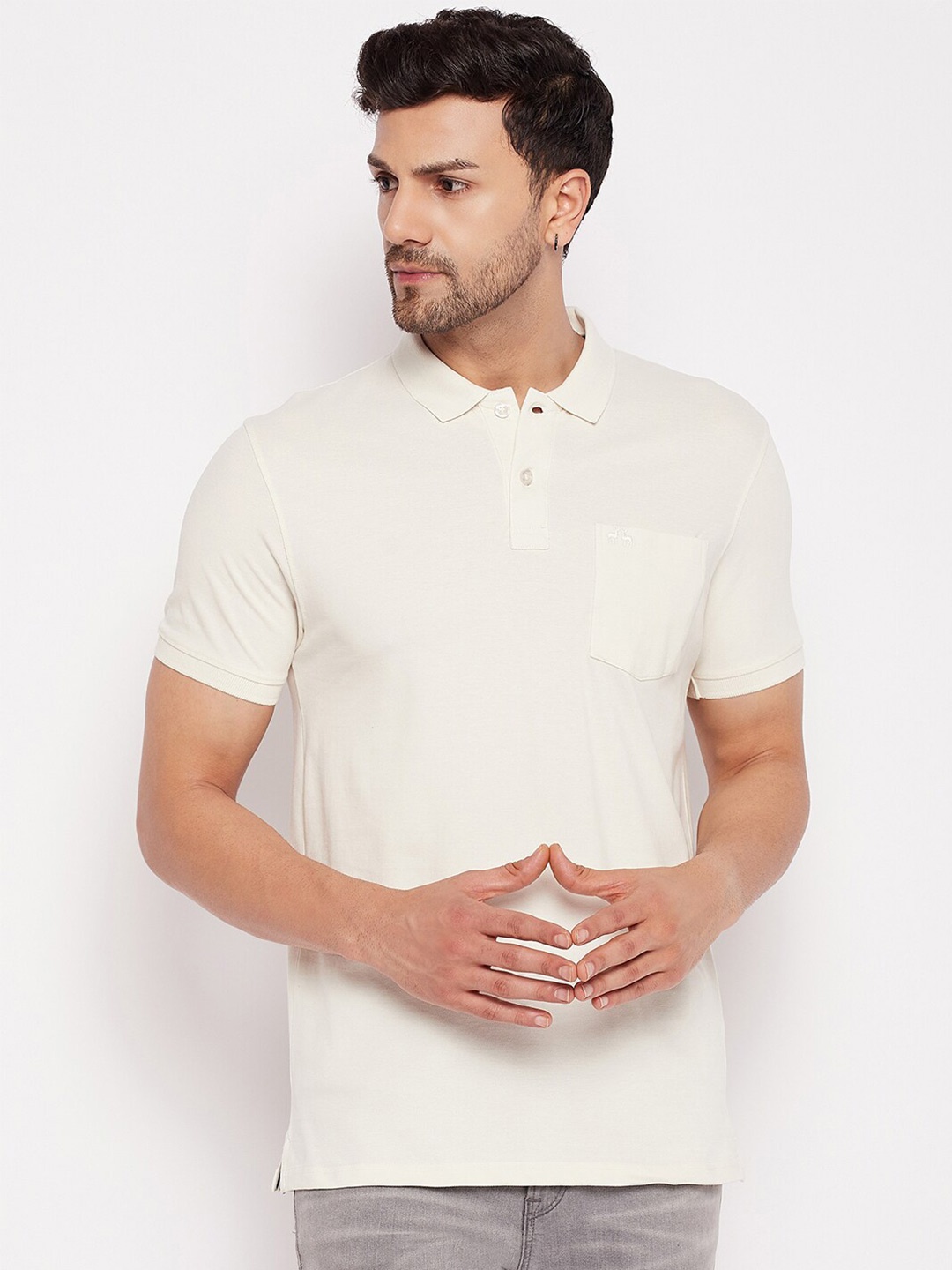 

98 Degree North Polo Collar Solid Cotton T-Shirt, Off white