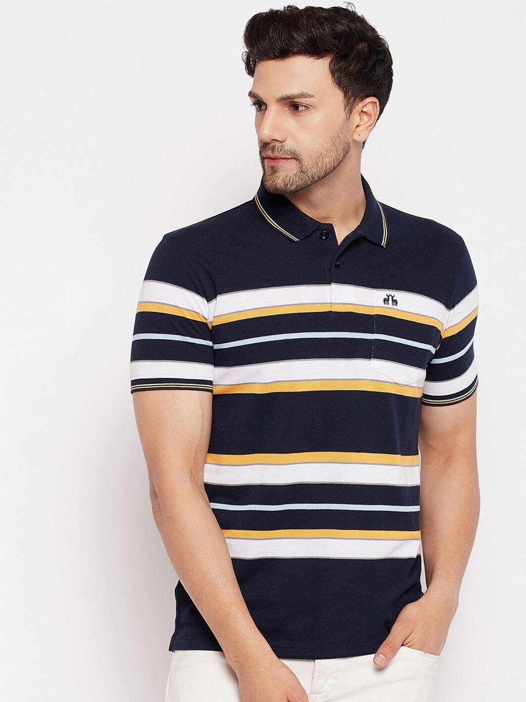 

98 Degree North Striped Polo Collar Cotton T-Shirt, Navy blue