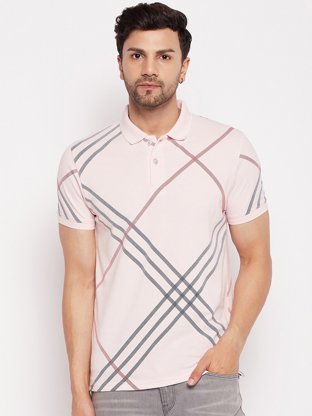 

98 Degree North Polo Collar Striped Short Sleeves Cotton T-Shirt, Pink