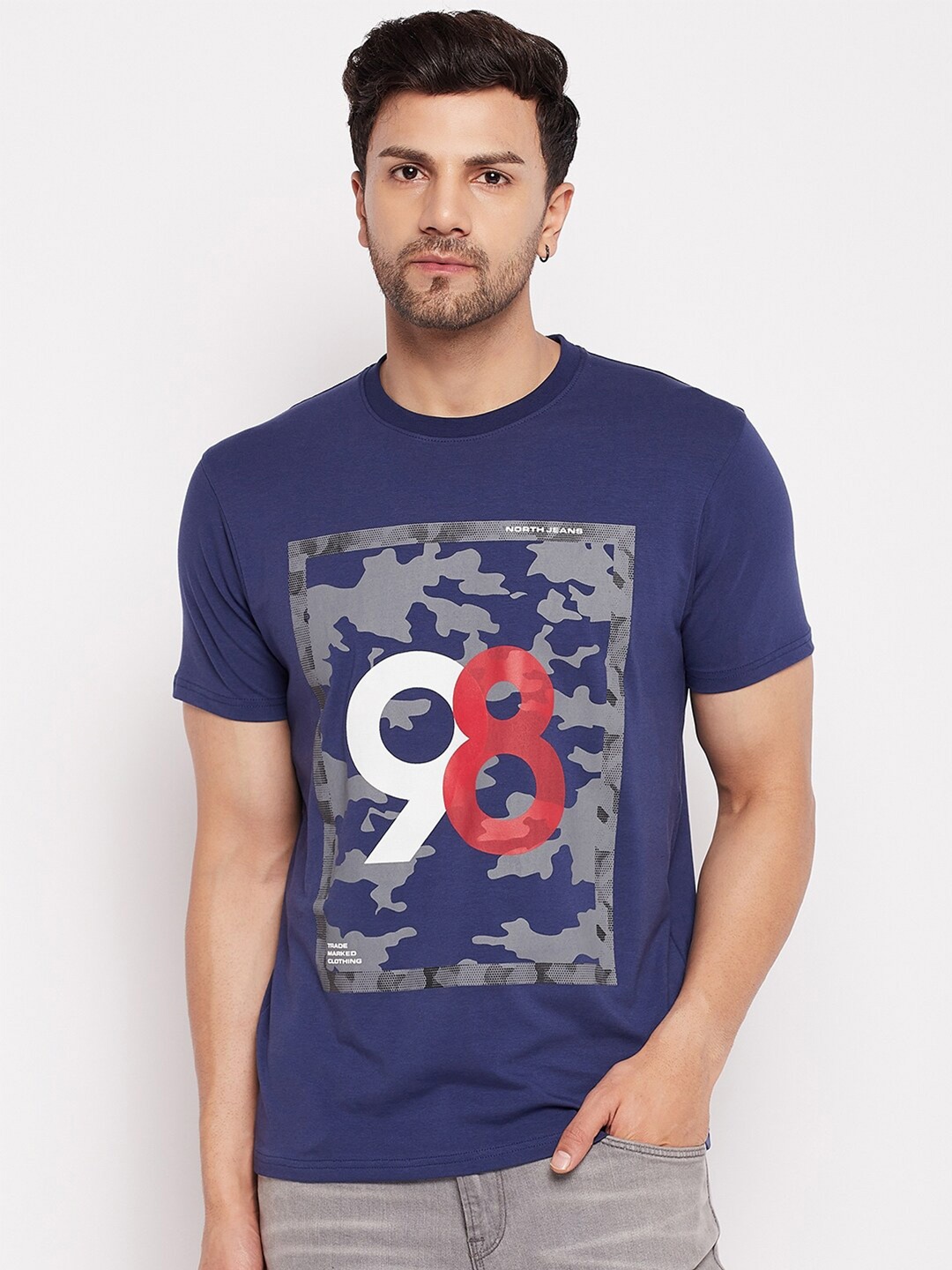 

98 Degree North Graphic Printed Round Neck Slim Fit Cotton T-Shirt, Navy blue