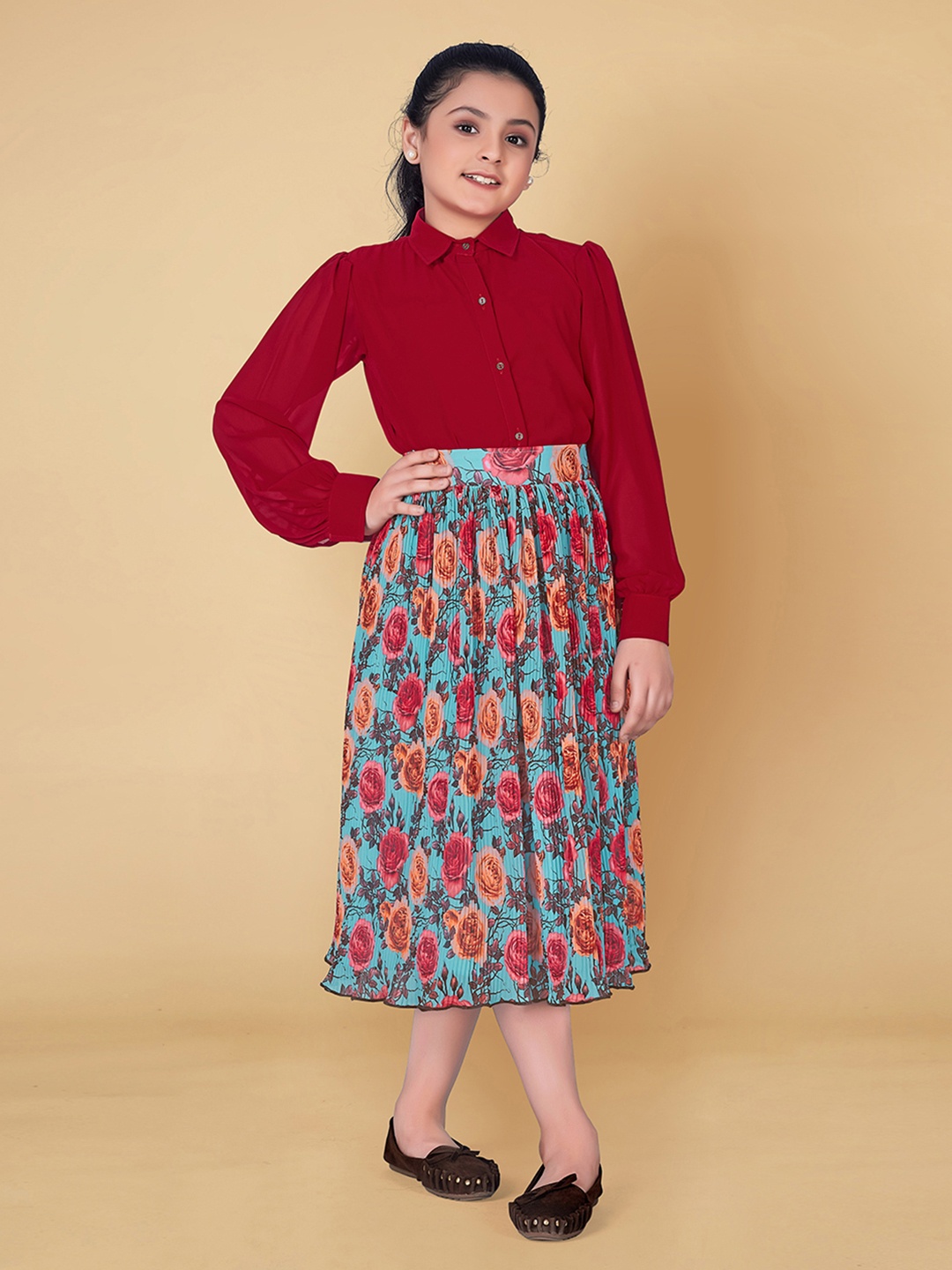 

FASHION DREAM Girls Shirt Collar Shirt with Skirt Clothing Set, Red