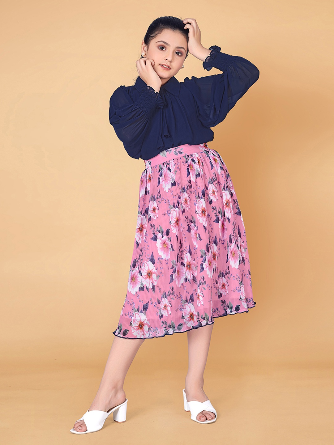 

FASHION DREAM Girls Shirt Collar Top with Skirt Clothing Set, Navy blue