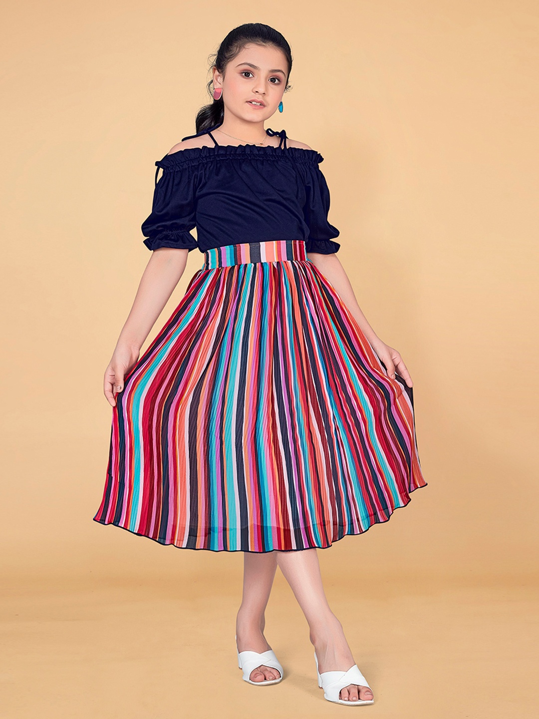 

FASHION DREAM Girls Shoulder Straps Top with Skirt Clothing Set, Navy blue