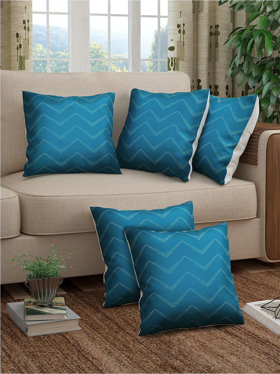 

Story@home Alegra Turquoise Blue 5 Pieces Geometric Printed Square Cushion Covers