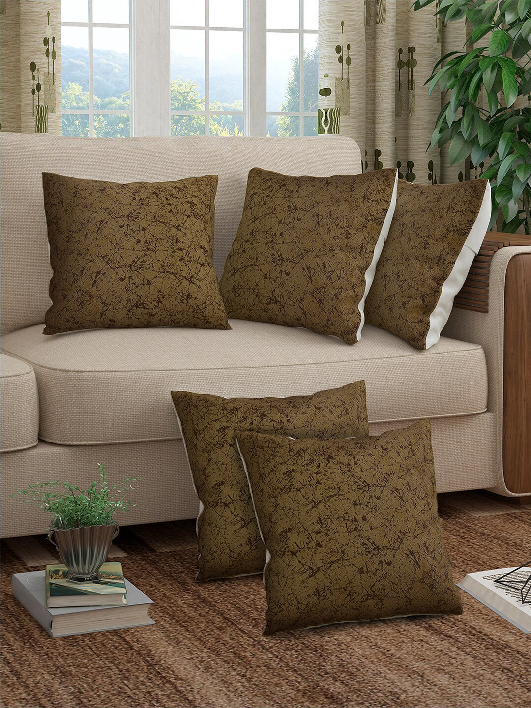 

Story@home Alegra Gold-Toned & Black 5 Pieces Abstract Printed Square Cushion Covers