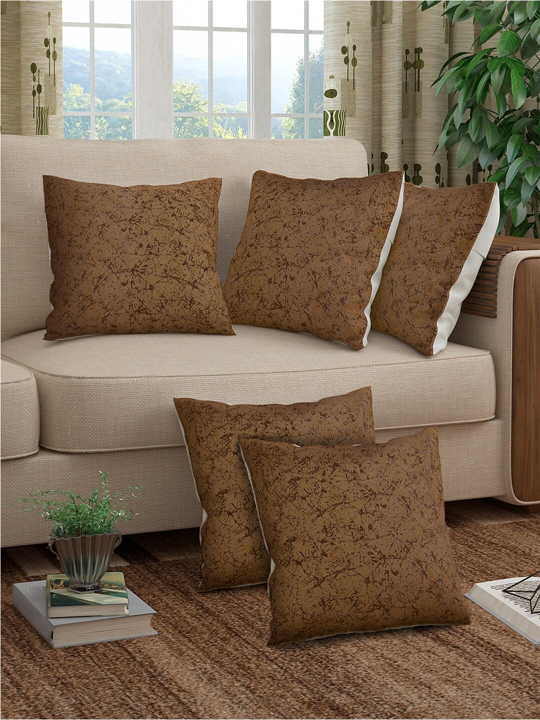 

Story@home Alegra Brown 5 Pieces Abstract Printed Square Cushion Covers