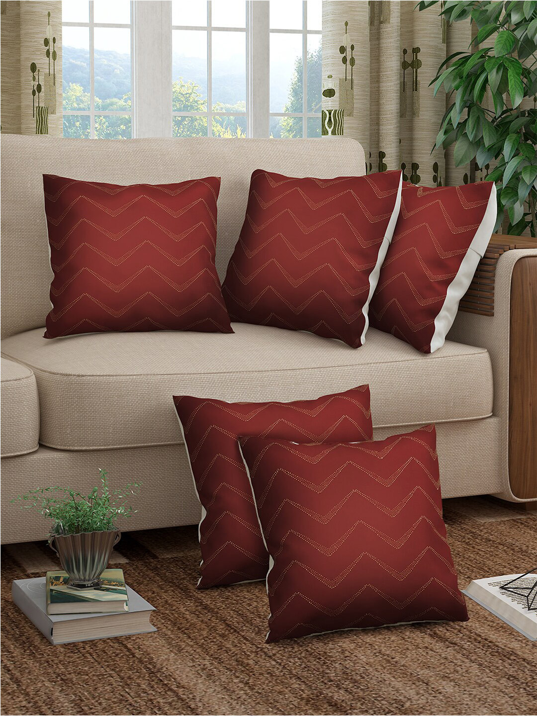 

Story@home Alegra Red & Beige 5 Pieces Geometric Printed Square Cushion Covers