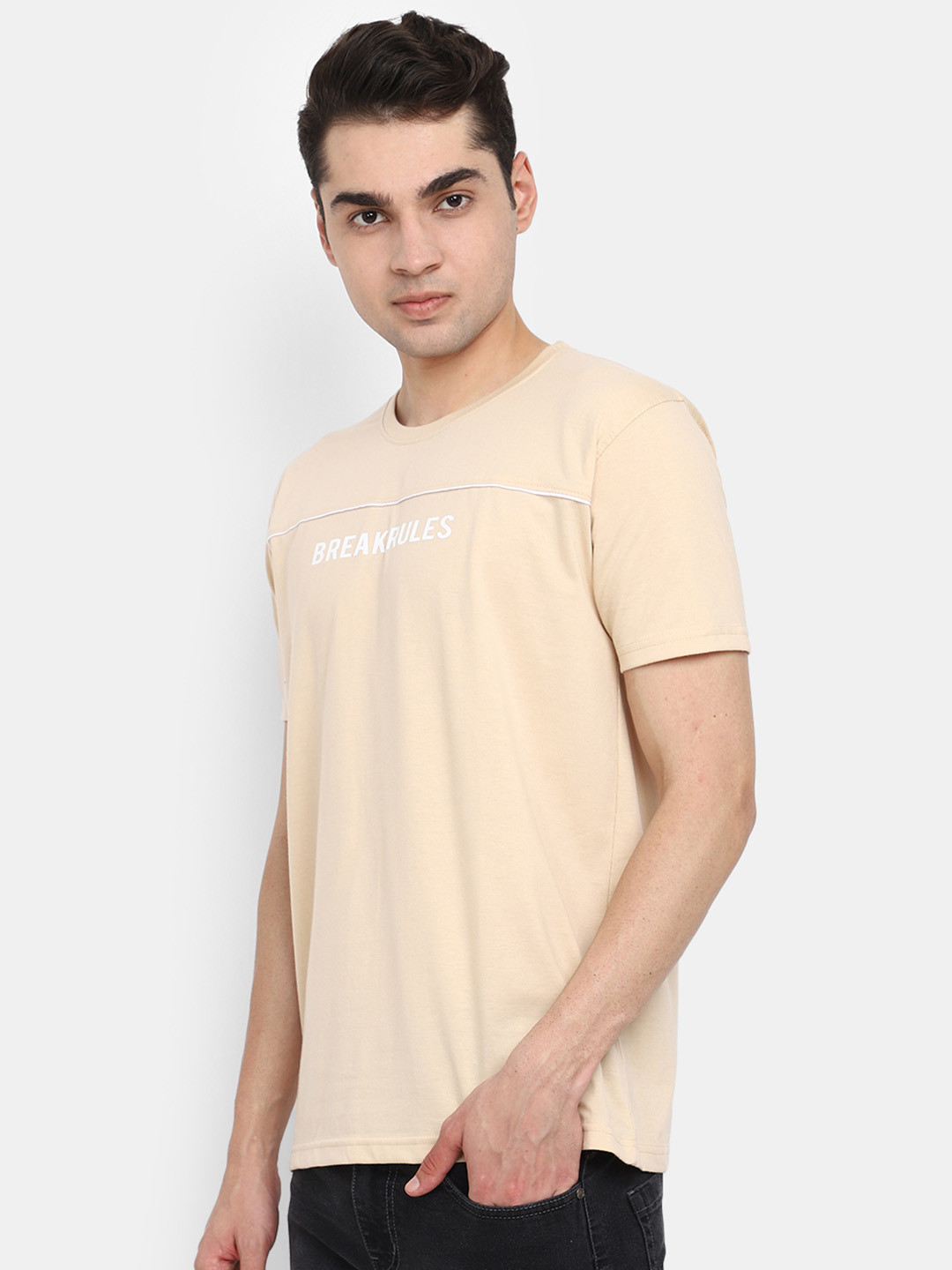 

V-Mart Typography Printed Round Neck Short Sleeves Slim Fit Cotton T-shirt, Beige