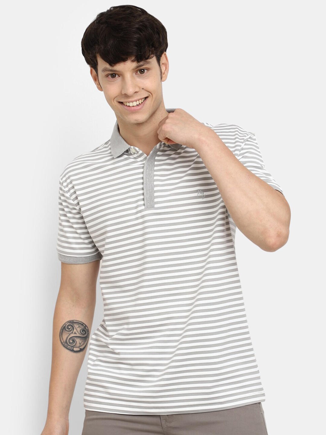 

V-Mart Striped Polo Collar Short Sleeves Cotton T-shirt, Grey