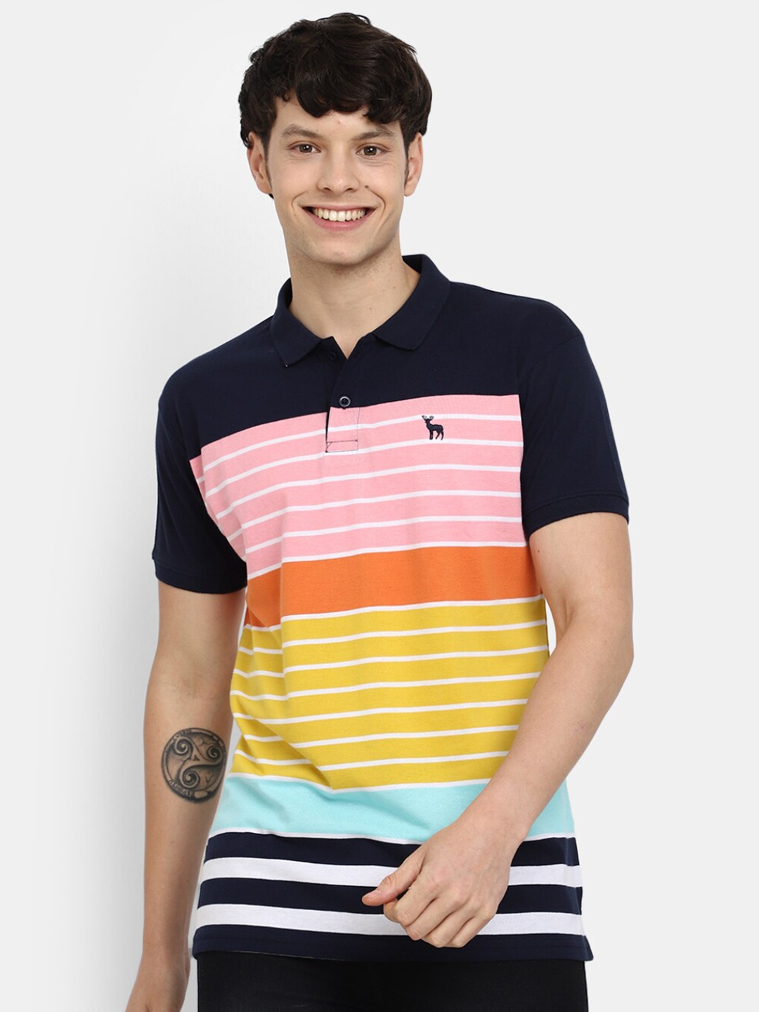 

V-Mart Striped Colourblocked Polo Collar Short Sleeves Cotton T-shirt, Navy blue