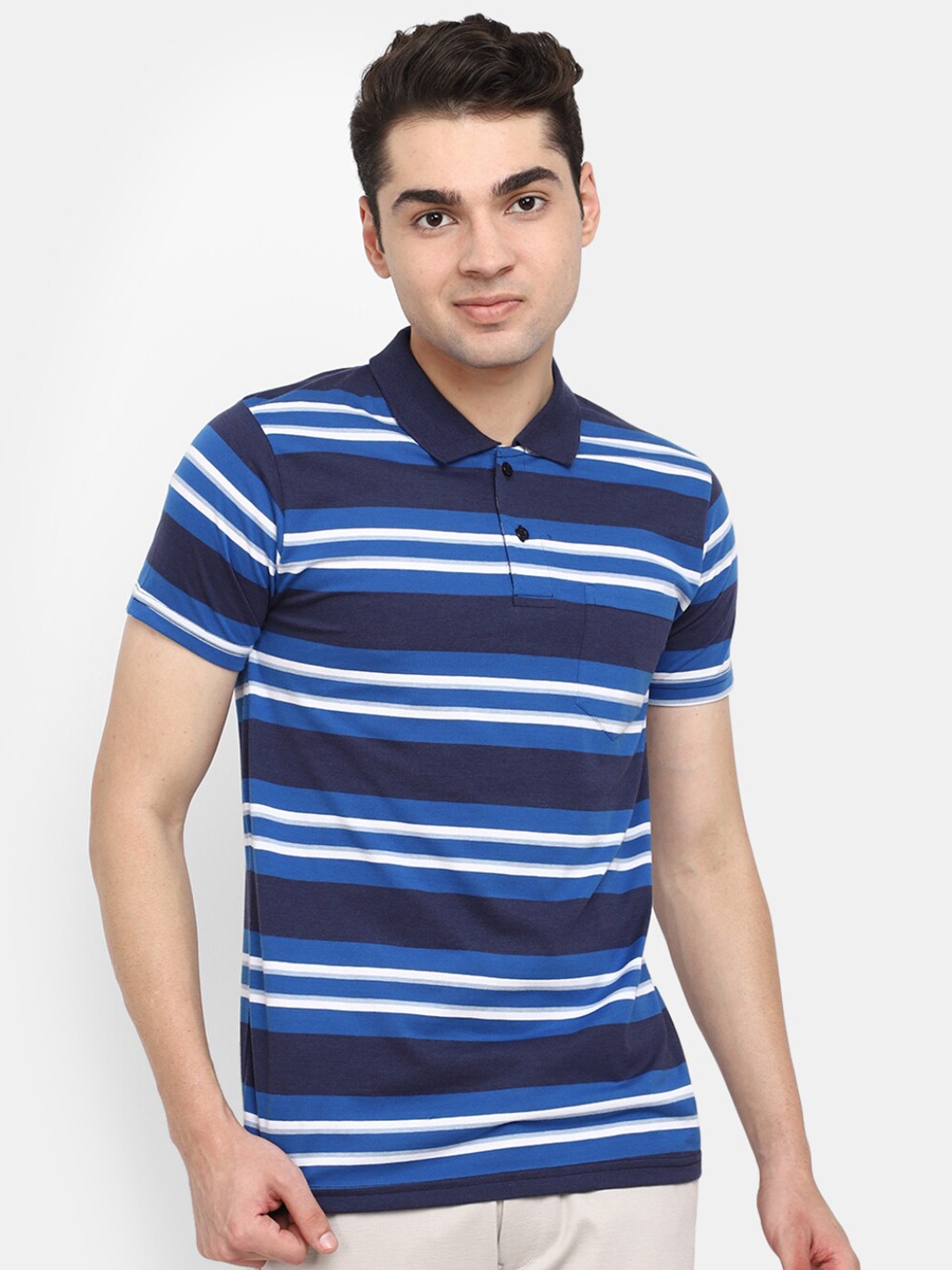 

V-Mart Striped Polo Collar Short Sleeves Slim Fit Cotton T-shirt, Blue
