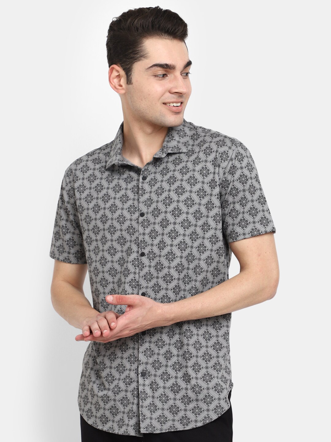 

V-Mart Floral Printed Short Sleeves Cotton Casual Shirt, Grey