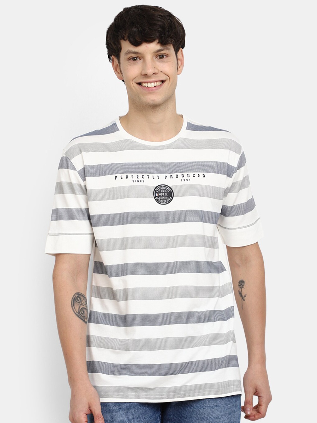 

V-Mart Striped Round Neck Cotton T-shirt, Cream