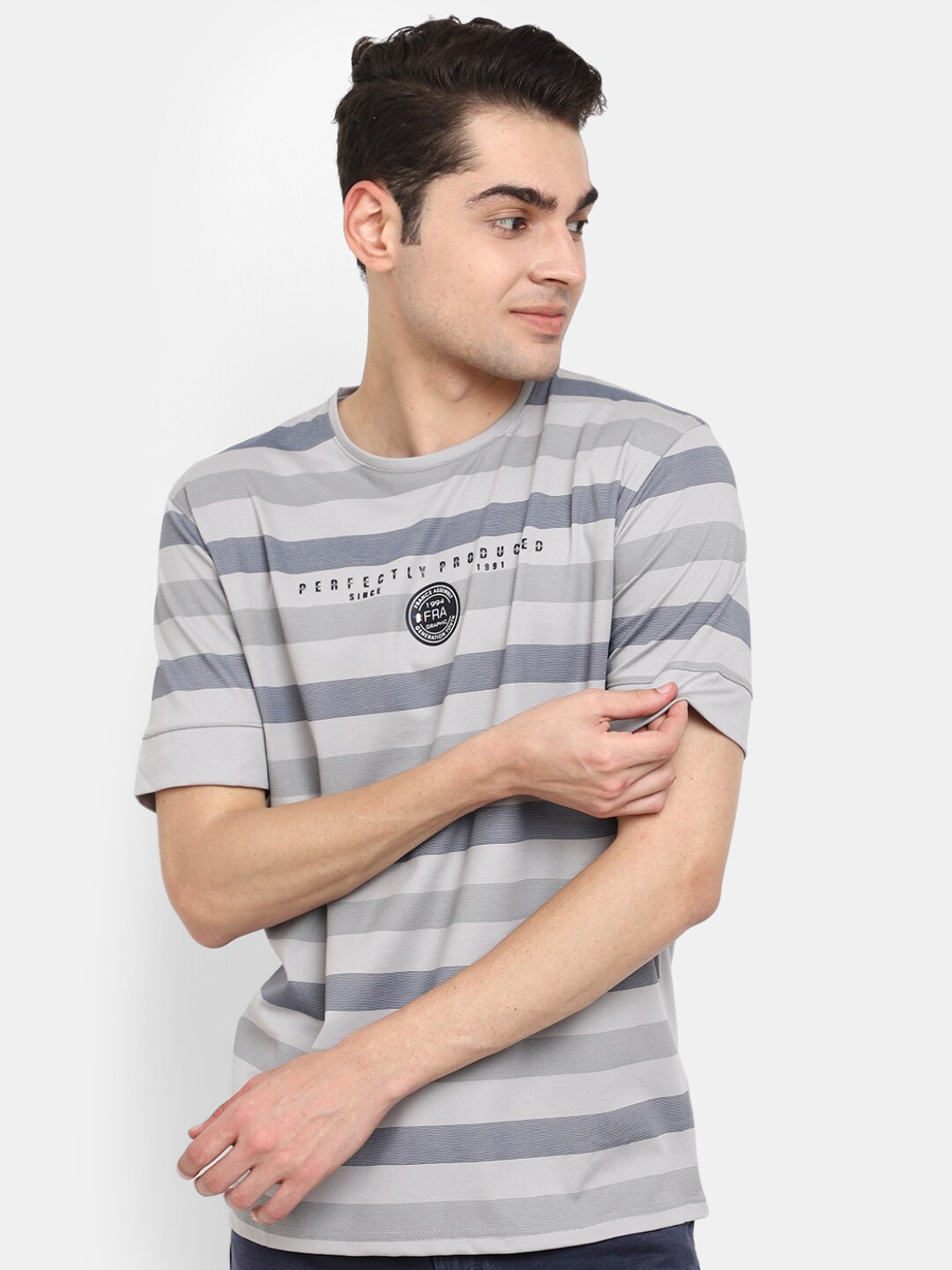 

V-Mart Striped Round Neck Cotton T-shirt, Grey