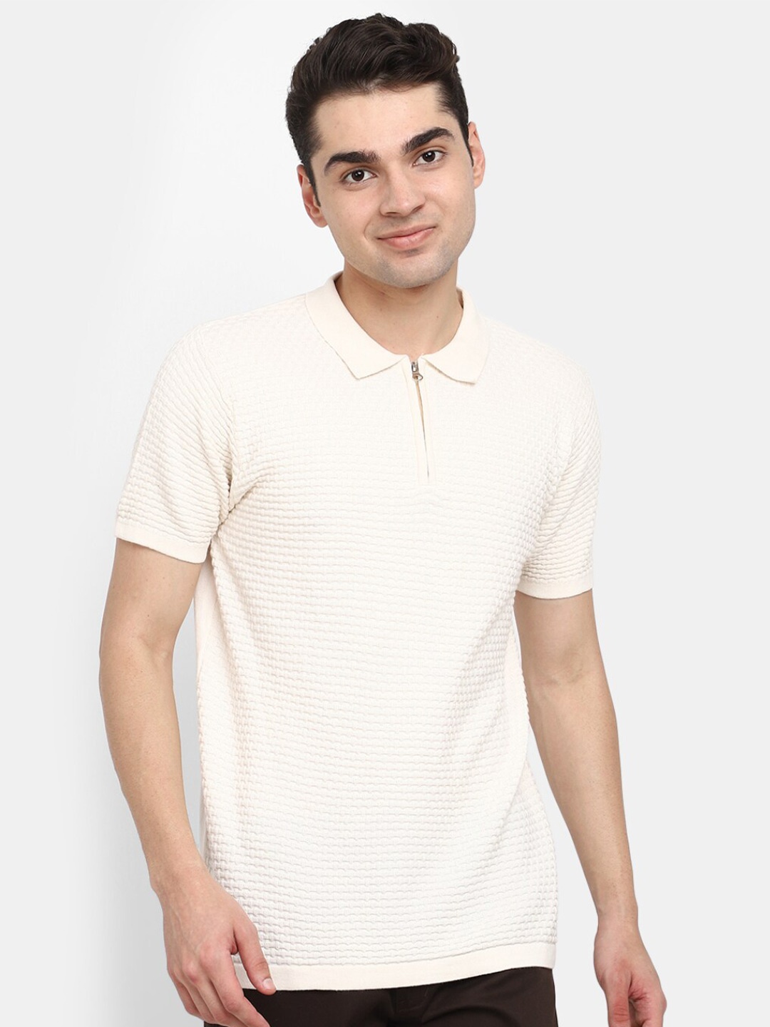 

V-Mart Self Design Polo Collar Cotton T-shirt, White
