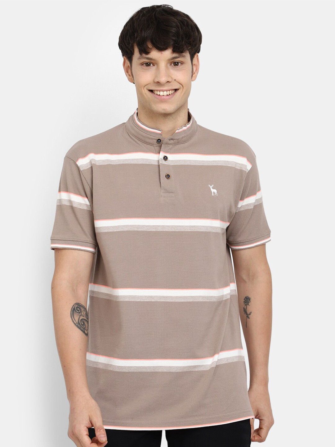 

V-Mart Striped Mandarin Collar Short Sleeves T-shirt, Brown