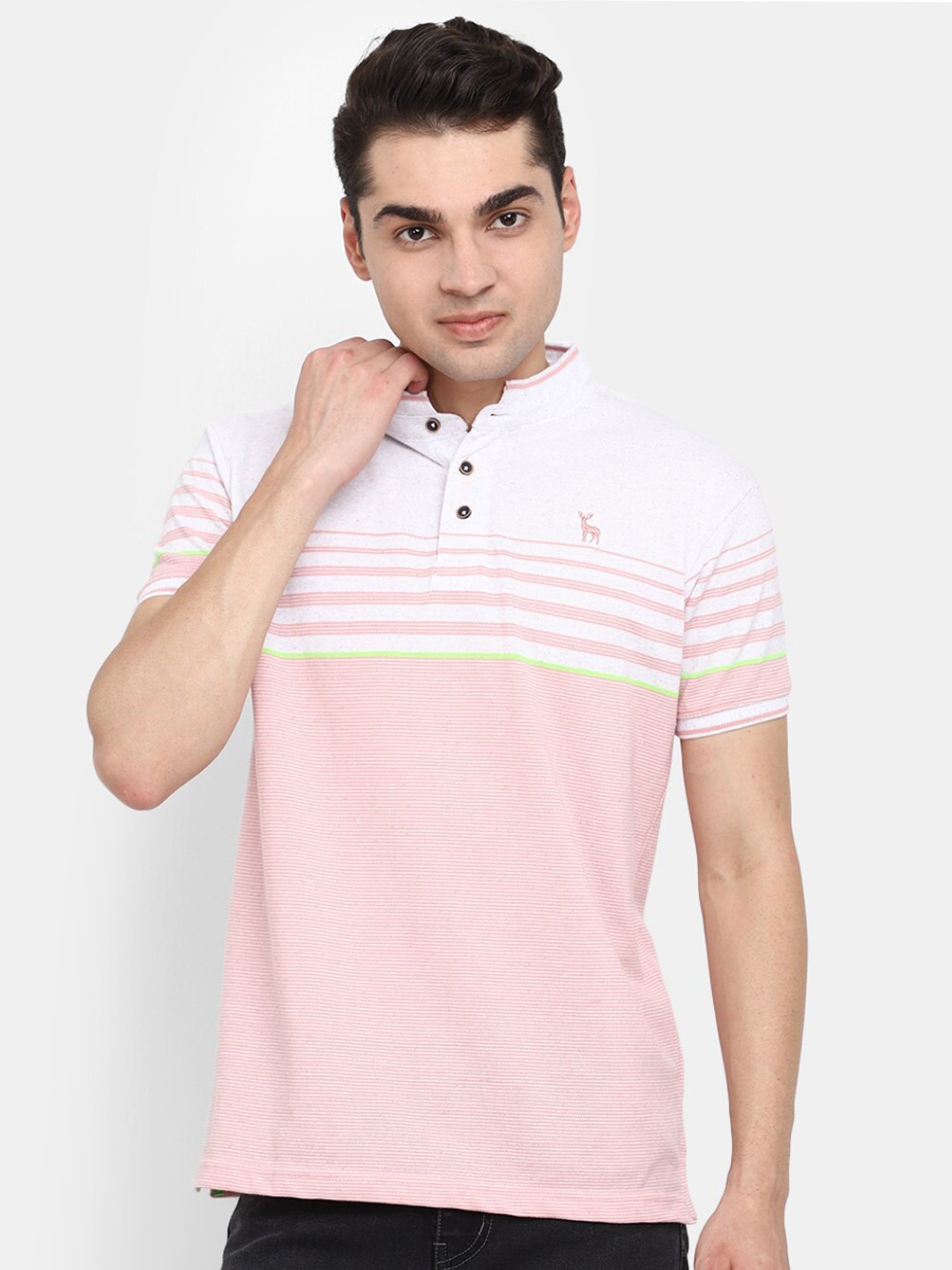 

V-Mart Striped Mandarin Collar Short Sleeves T-shirt, Pink