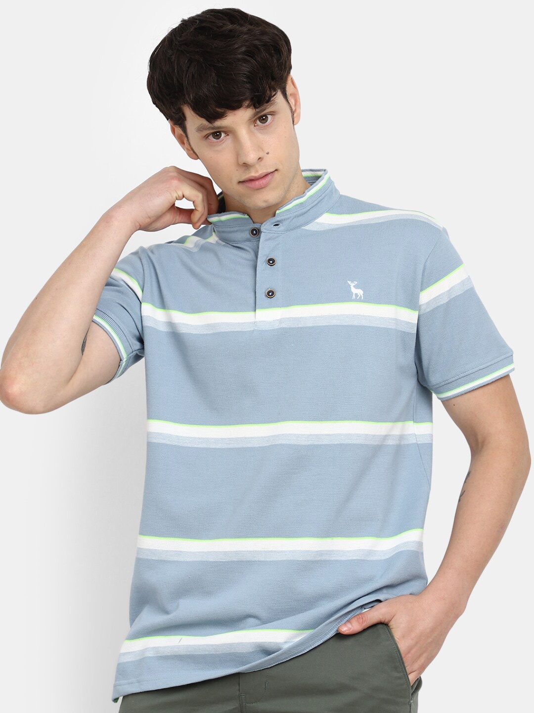 

V-Mart Striped Mandarin Collar Short Sleeves T-shirt, Blue