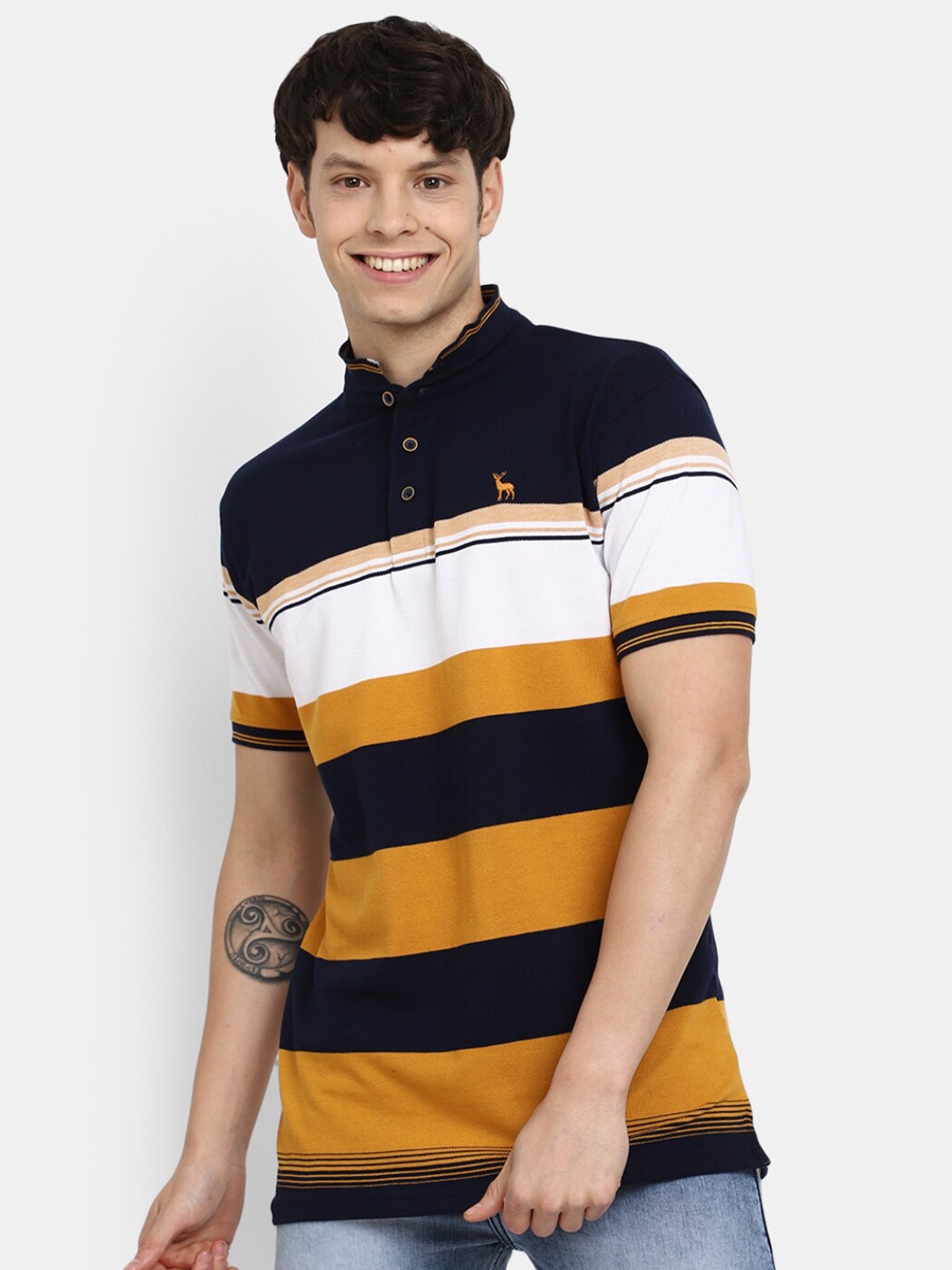 

V-Mart Striped Mandarin Collar Short Sleeves T-shirt, Mustard