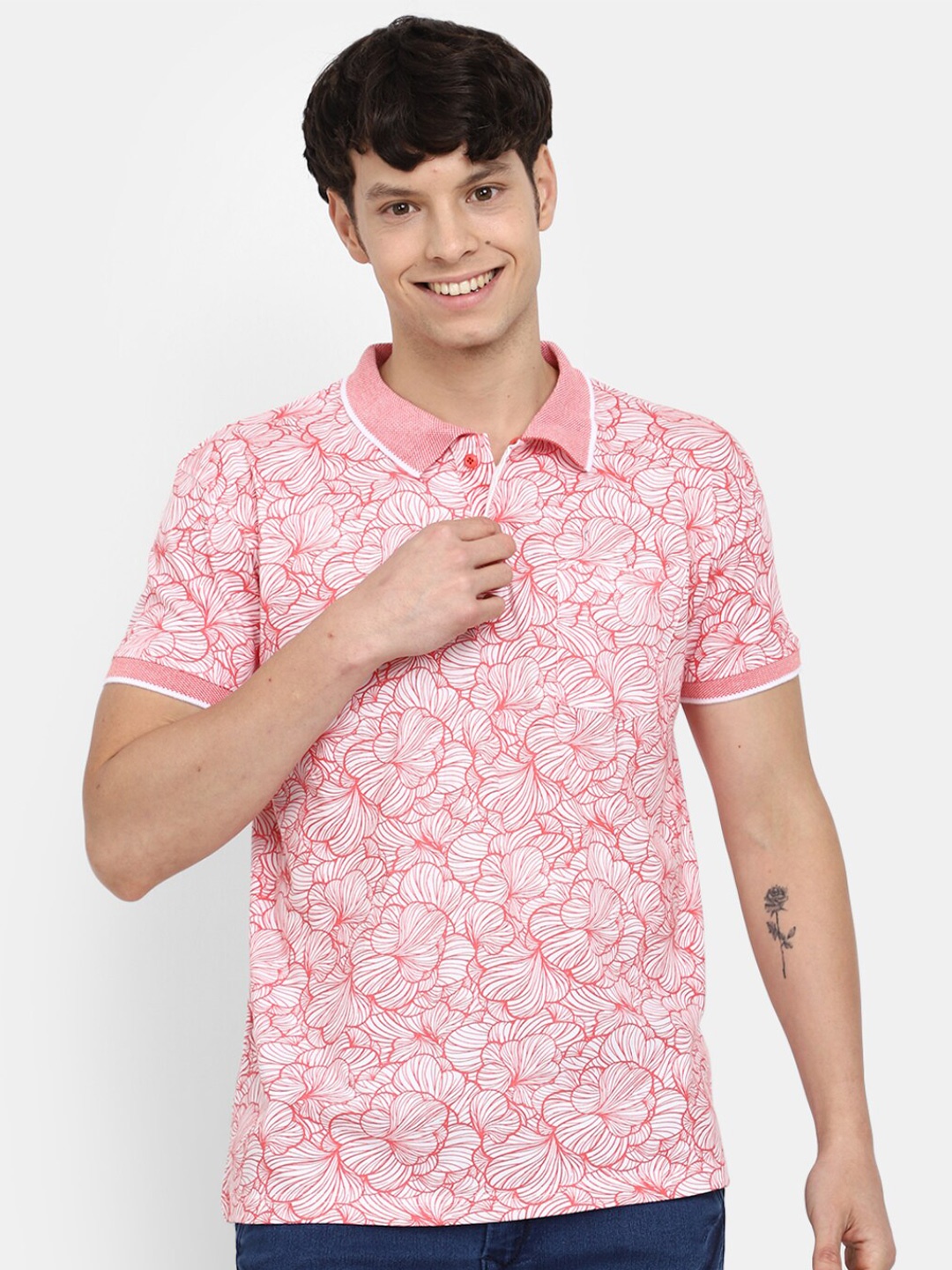 

V-Mart Floral Printed Polo Collar Cotton T-shirt, Pink