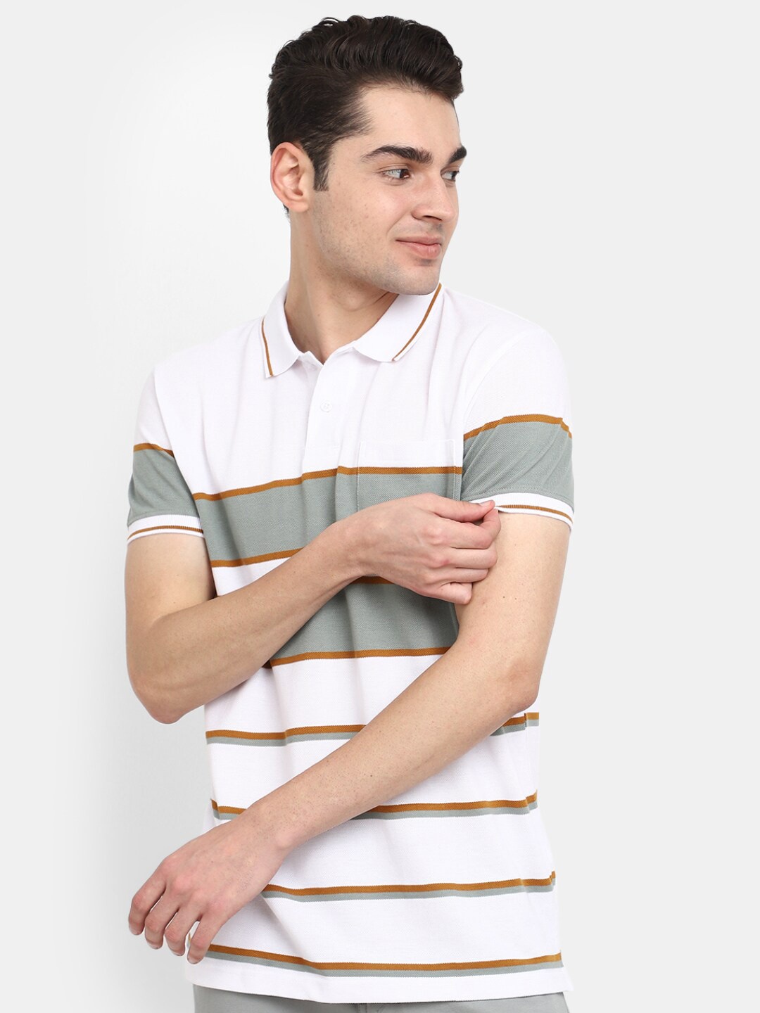 

V-Mart Striped Polo Collar Cotton T-shirt, White