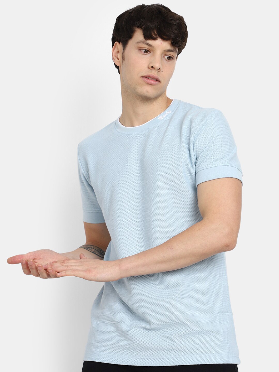 

V-Mart Self Design Round Neck Cotton T-shirt, Blue