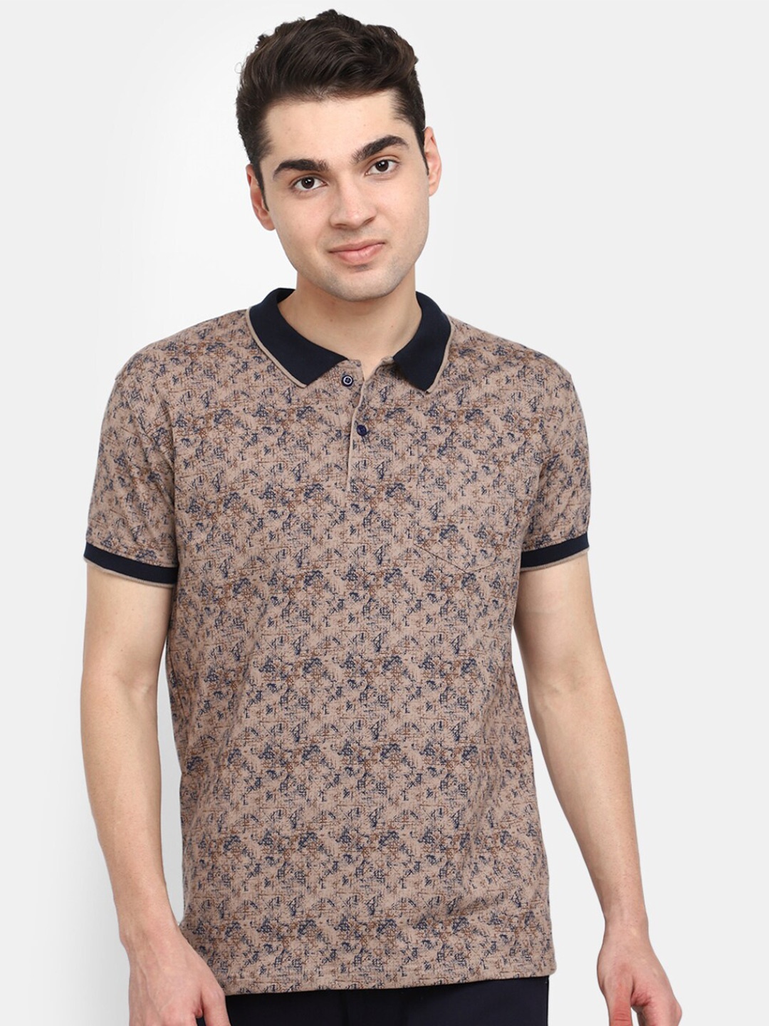 

V-Mart Abstract Printed Polo Collar Cotton T-shirt, Brown