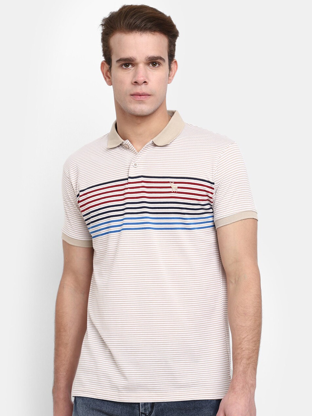 

V-Mart Striped Polo Collar Cotton T-shirt, Beige