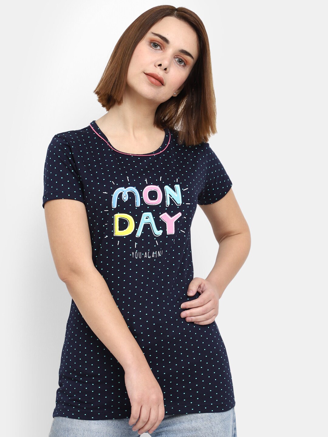 

V-Mart Typography Printed Round Neck Cotton T-shirt, Navy blue