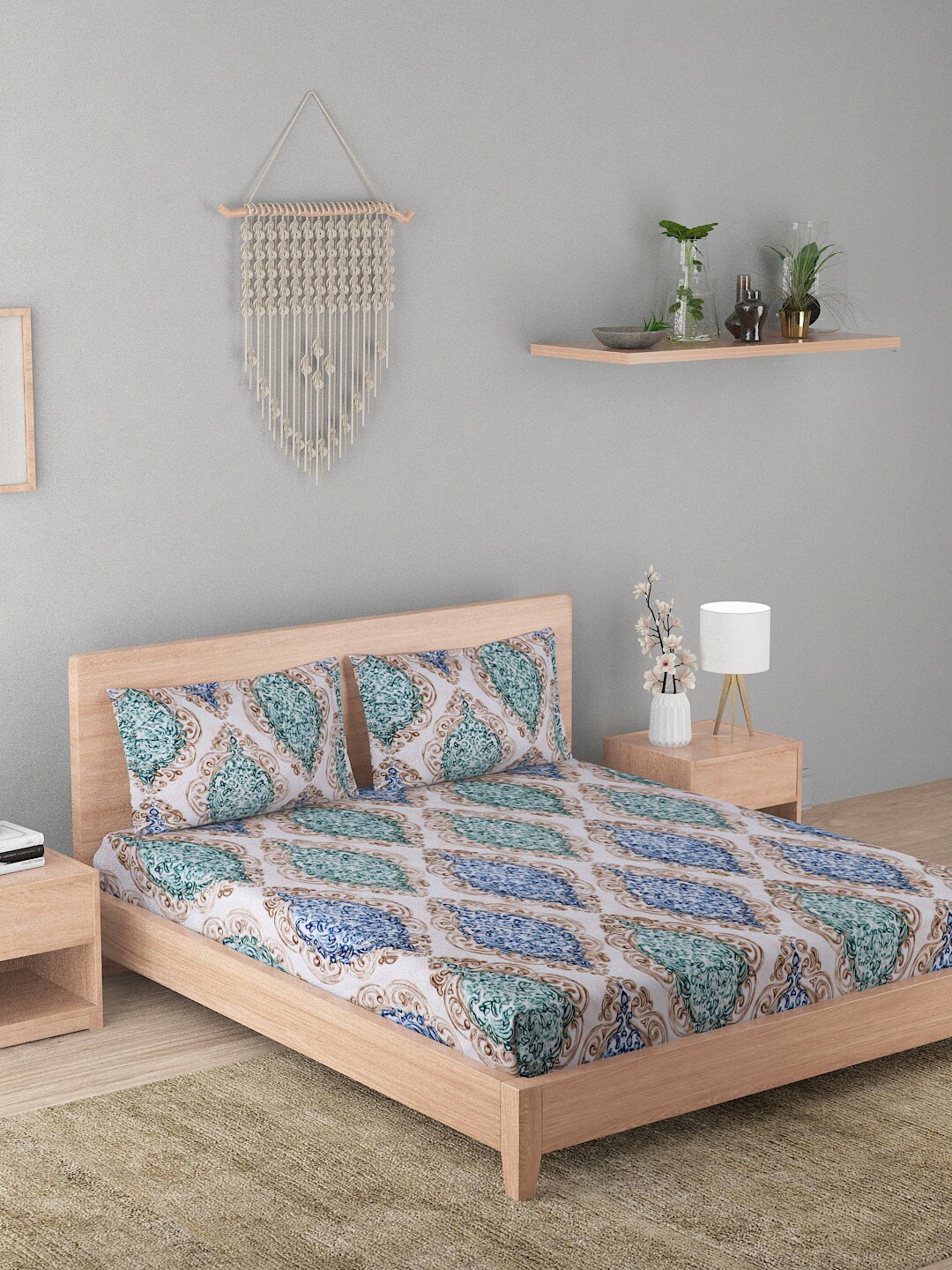 

A Homes Grace White & Blue Ethnic Motifs 210 TC Queen Bedsheet with 2 Pillow Covers