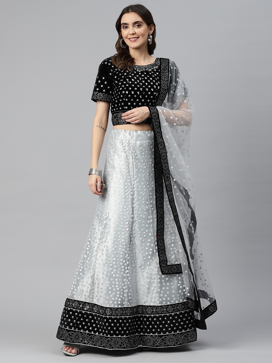 

CAMPAIGN TRENDS Embellished Beads & Stones Unstitched Lehenga & Blouse With Dupatta, Black